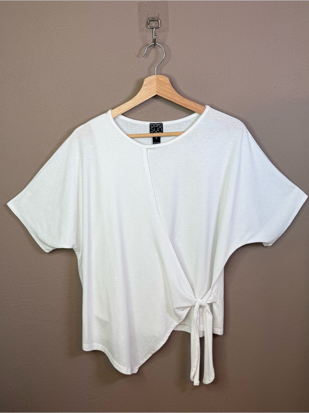 Clara Sun Woo Peach Knit Side Tie Wrap Minimalist Top in White Women's Size Med. - Picture 2 of 16